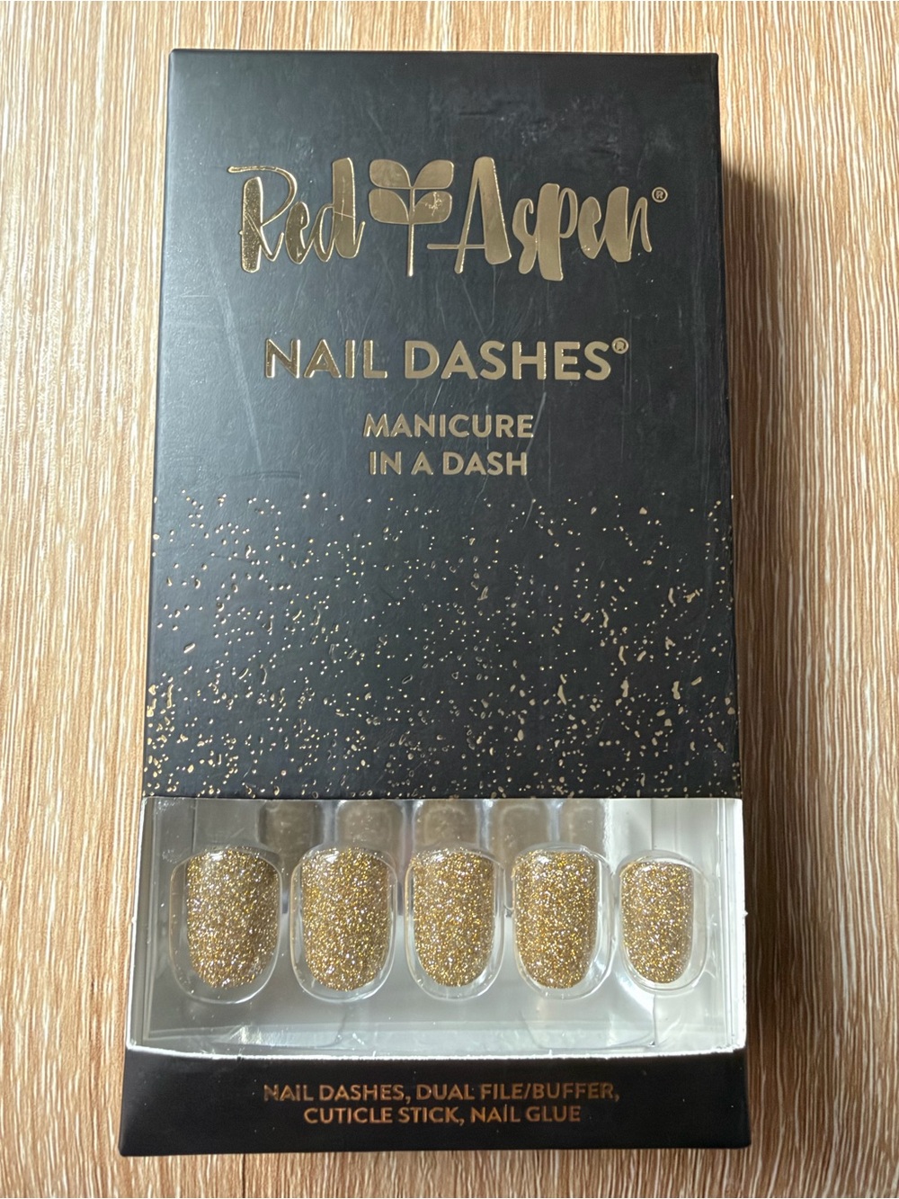 Red Aspen - 24 Kay - Press On Nails Kit - NEW! Short Square - Gold Glitter